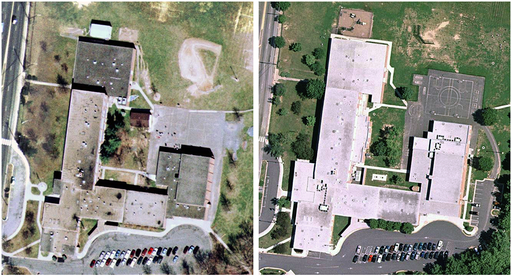 Two aerial photographs, side-by-side, showing Lynbrook Elementary School from directly overhead. The photograph on the left is from 1990, pre-renovation, and the photograph on the right is from 1997, post-renovation. In 1990, the building looks almost identical to the aerial photograph taken in 1976 shown on the preceding page. In 1997, a new roof is in place building-wide. The gymnasium, library, and main entrance additions are distinctly visible. Two trailers parked behind the building in 1990 have been removed, and a new blacktop and playground are visible in 1997. Several trees were removed to make way for the extended library, and new trees have been planted outside of the new library.