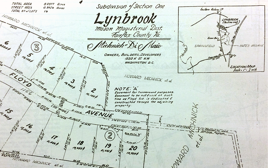 Photograph of a black and white survey of Section One of the Lynbrook Subdivision created in 1954. This survey is the property of the Fairfax County Circuit Court and was submitted by the developer of Lynbrook. The drawing shows Floyd Avenue and numbered lots on both sides of the street. Metes, bounds, acreage, the name of the developer, and other official information are recorded.  