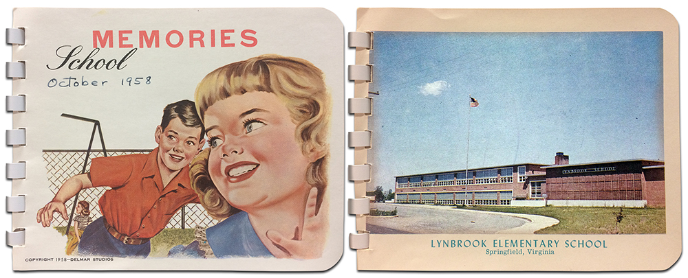 Color photographs of the first and second pages of the 1958 to 1959 Memory Book. The first page is a colorful illustration of two children, a boy and a girl, that looks similar in appearance to illustrations from Dick and Jane stories. The children are playing on a playground, and a swing set and fence are visible in the background. The word Memories appears at the top of the page in red, and the word School is written beneath it in black cursive lettering. On the right is a color photograph of the front exterior of Lynbrook Elementary School. There are no shrubs or trees on the grounds in front of the school. 
