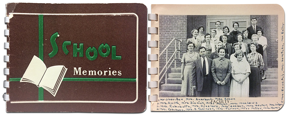 Color photographs of the cover and faculty photograph pages of the 1959 to 1960 Memory Book. The cover is brown, and has a thin layer of either leather or plastic bound to paper. The cover is cracking in places, revealing the paper beneath. The words School Memories appear on the cover, with the word school printed in green and the word memories printed in white. There is also a clip-art style image of an open book on the cover. On the right is a photograph of the book's faculty page. The faculty portrait is in black and white. 20 individuals are shown, and Principal Ida Auerbach is front row center. They are standing on a stairway leading up to what at that time was the rear entrance to the school. Someone has handwritten the names of the faculty on the paper surrounding the photograph. 