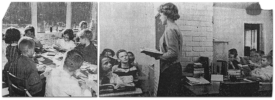 Black and white photographs from the Springfield Independent newspaper from an article entitled Emergency Classroom that was published on December 5, 1956. Students can be seen seated at desks and at a table in the dining room and living room of a rambler-style home. The teacher is standing, holding a book in her hand, and is speaking to the students seated in one of the rooms. 