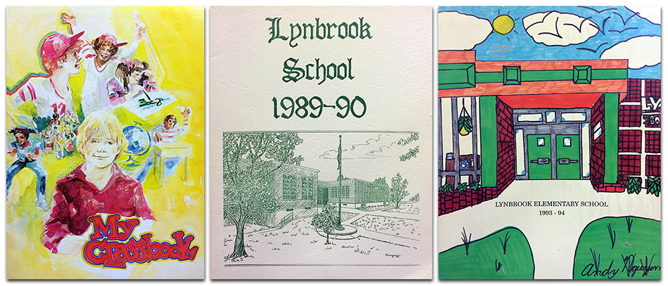 Photograph showing the covers of three Lynbrook yearbooks. On the left is the cover from 1977. It has the words My Classbook printed beneath illustrations of students in a variety settings such as doing art, playing sports, reading, and answering a question from a teacher. The cover has a yellow background and is a standard printed design that appeared on yearbooks in 1977. In the center is the cover of the 1990 yearbook. It is a white cover printed with green ink. A very detailed ink illustration of the front of Lynbrook Elementary School is in the center bottom of the cover. The name of the school and the date of the yearbook are above the illustration. On the right is the cover of the 1994 yearbook. It is student-drawn artwork, showing the new main entrance of Lynbrook Elementary School. The building has been painted in vibrant colors showing the rust-red brickwork with green accent trim, green grass in front of the building, and a crisp blue sky above. It is a very detailed illustration.   